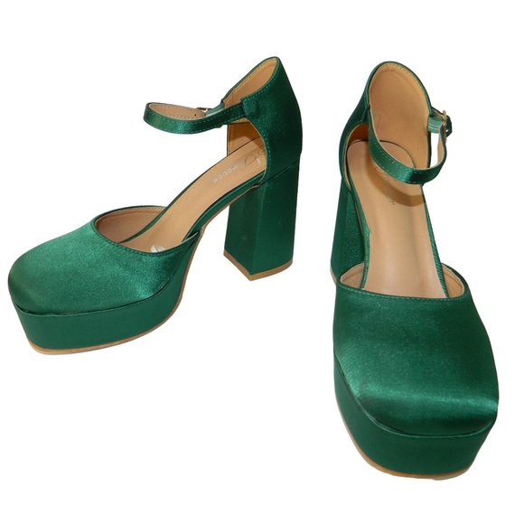 Size 8 Forever Emerald Green Satin Runway Block Heel Closed Toe Shoes Platform - Picture 1 of 16